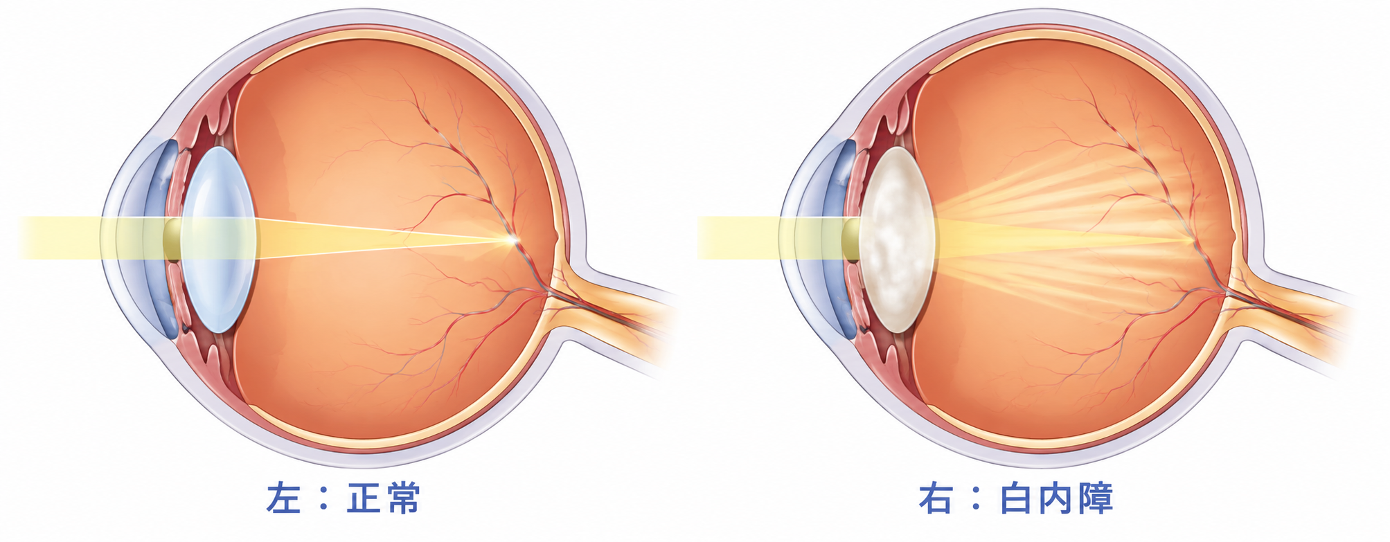 水晶体の比較：左＝正常、右＝白内障で濁りがある状態